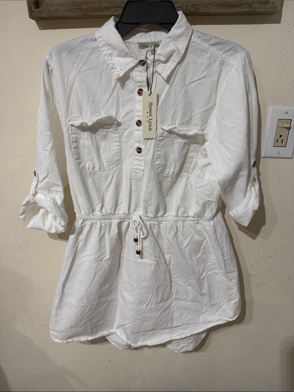 NWT Speed Limit MPH White Quarter Sleeve Drawstring Shirt Dress Mid Thigh